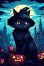 Halloween background with black cat and pumpkins. Vector illustration. Generative AI. Royalty Free Stock Photo