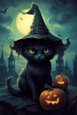 Halloween background with black cat in witch hat and pumpkins. Generative AI. Royalty Free Stock Photo