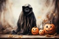 Halloween background with black cat in witch hat and pumpkins Royalty Free Stock Photo