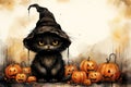 Halloween background with black cat in witch hat and pumpkins Royalty Free Stock Photo