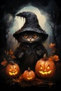 Halloween background with black cat in witch hat and pumpkins Royalty Free Stock Photo