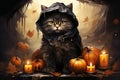 Halloween background with black cat in witch hat and pumpkins Royalty Free Stock Photo