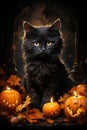 Halloween background with black cat in witch hat and pumpkins Royalty Free Stock Photo