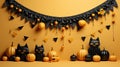 Halloween background black orange color with pumkins and black cat 3d style Royalty Free Stock Photo