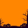 Halloween background, black silhouette of jack o lantern and spooky trees silhouettes, panoramic vector illustration