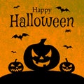 Happy Halloween banner background with Jack o` lantern pumpkins and flying bats Royalty Free Stock Photo