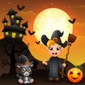 Halloween background with boy witch holding broomstick and pumpkin and kitten witch Royalty Free Stock Photo