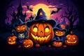 Halloween background, cartoon style, colorful, carved pumpkin with a witch hat on a purple background with bats moon and Royalty Free Stock Photo