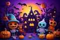 Halloween background, cartoon style, colorful, carved pumpkin with a witch hat on a purple background with bats moon and Royalty Free Stock Photo