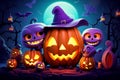 Halloween background, cartoon style, colorful, carved pumpkin with a witch hat on a purple background with bats moon and Royalty Free Stock Photo