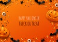 Halloween background with carved pumpkins, holiday party decorations and candies. Vector illustration Royalty Free Stock Photo