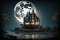 Halloween background with castle and full moon. 3D rendering