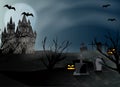 Halloween background. Castle and graveyard with gravestones to background full moon. Poster or banner for party and sale. Vector