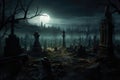 Halloween background with cemetery and full moon. 3D rendering, An ominous, haunting graveyard under the full moon\'s