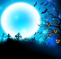 Halloween background in cemetery with scary pumpkins