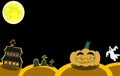 Halloween background in clude moon jack o lantern pumpkins growing cemetery grave yard tombstone and ghost haunted house full moon Royalty Free Stock Photo