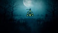 Halloween background with the concept of scary night, moon, shining stars, Flying bats with trees, grasses, graves, haunted castle Royalty Free Stock Photo
