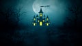 Halloween background with the concept of scary night, moon, shining stars, Flying bats with trees, grasses, graves, haunted castle Royalty Free Stock Photo