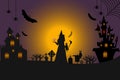 Halloween background copyspace, mysterious landscape Tombstone graveyard,cartoon witch house,Spooky Horor Cartoon Scene. Royalty Free Stock Photo