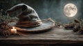 Halloween background with cracked antique plank and witch hat Royalty Free Stock Photo