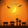 Halloween background. Creepy bats, moon and doodle houses.