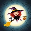 Halloween Background With Cute Little Girl Witch And Kitten Flying On A Broom