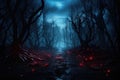 Halloween background with dark forest and glowing red lights, 3d render Royalty Free Stock Photo