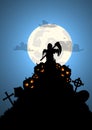 Halloween background with death grave and pumpkins