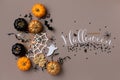 Halloween background with decorations from pumpkins, bats, spider web and ghosts. Holiday greeting card with text Happy halloween Royalty Free Stock Photo