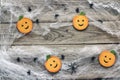 Halloween background with decorative pumpkins, creepy web and sp Royalty Free Stock Photo