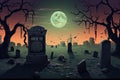Halloween background design with 404 Timeout Error webpage with a graveyard backdrop, misty atmosphere, and ghostly vector