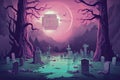 Halloween background design with 404 Timeout Error webpage with a graveyard backdrop, misty atmosphere, and ghostly vector