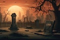 Halloween background design with 404 Timeout Error webpage with a graveyard backdrop, misty atmosphere, and ghostly vector