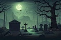 Halloween background design with 404 Timeout Error webpage with a graveyard backdrop, misty atmosphere, and ghostly vector