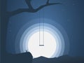 Halloween background with empty swing on a tree with full moon.