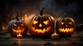 Halloween pumpkins and candles on wooden background. 3d rendering