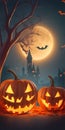 Halloween background with Evil Pumpkin. Spooky scary dark Night forrest. Holiday event halloween banner background concept Royalty Free Stock Photo