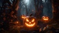 Halloween pumpkins in the forest at night. 3D rendering.