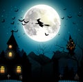 Halloween Background With Flying Witch On The Full Moon