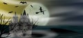 Halloween background with flying young witch, castle, bats and full moon. Vector Royalty Free Stock Photo