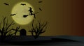 Halloween background with flying young witch to background full moon above the cemetery. Vector Royalty Free Stock Photo
