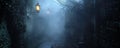 Halloween background with a foggy alleyway lit by a single flickering