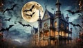 Halloween Background With Full Moon, Creepy House and Flying Bats Royalty Free Stock Photo