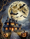 Halloween Background With Full Moon, Creepy House and Flying Bats Royalty Free Stock Photo