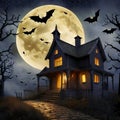 Halloween Background With Full Moon, Creepy House and Flying Bats Royalty Free Stock Photo