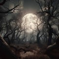 Halloween background with full moon in a dark forest - 3d render Royalty Free Stock Photo