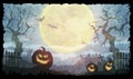 Halloween background with full moon, evil trees and pumpkin lamps