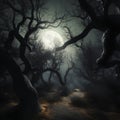 Halloween background with full moon in the forest - 3D render Royalty Free Stock Photo