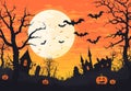 Halloween background with a full moon, pumpkins, and ghosts Royalty Free Stock Photo