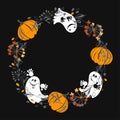 Halloween background with funny ghosts and pumpkins. Round illustration with place for text on black background. Can be gr